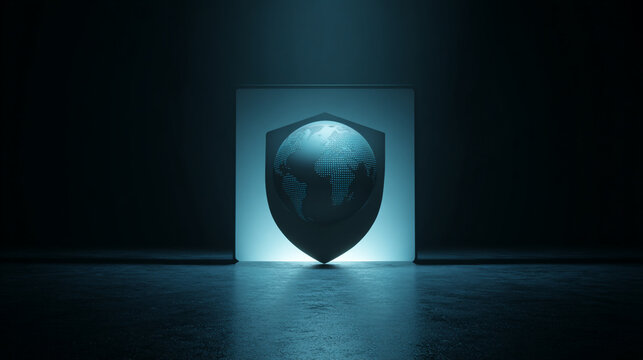 Conceptual Illustration of a Globe Within a Shield Representing Protection and Security in a Digital Age