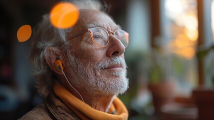 An older man wearing glasses and listening to music