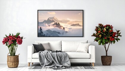 A serene mountain landscape photograph hangs above a white couch in a minimalist room setting, flanked by potted plants