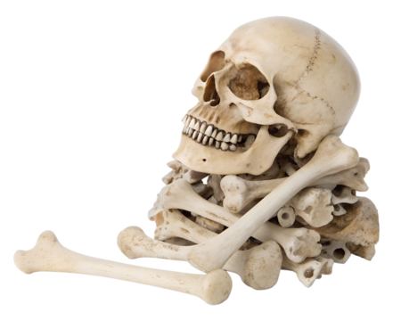 Human skull and bones isolated on transparent background