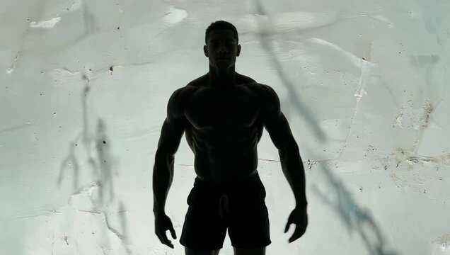 Muscular man silhouette stands powerfully against a textured white backdrop showcasing strength fitness and determination in a striking athletic portrait