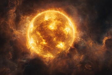 Obraz premium Fiery sun, surrounded by swirling, dark nebula