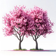 Two pink cherry blossom trees on white
