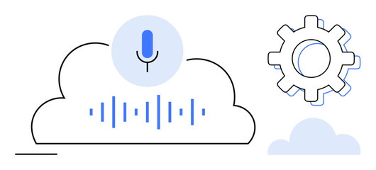 Microphone and sound wave in a cloud with a gear symbolizing voice recognition, AI, and cloud computing. Ideal for technology, automation, innovation, development, connectivity, AI integration