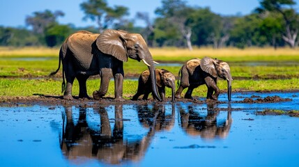 Fototapeta premium Elephant Family Crossing Water A Serene Wildlife Scene in Lush Greenery