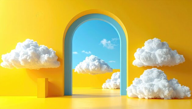A bright yellow room with a teal archway leading to a bright sky