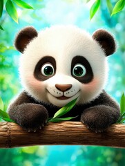 Obraz premium An enchanting and adorable baby panda illustration, playfully peeking from a vibrant green bamboo forest, embodying a heartwarming sense of innocent joy and natural charm