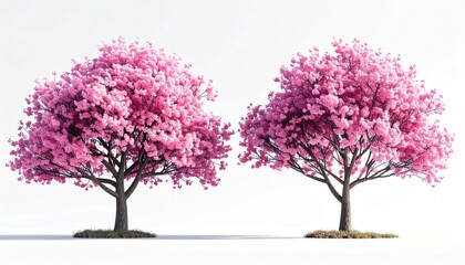Obraz premium Two vibrant pink cherry blossom trees against white