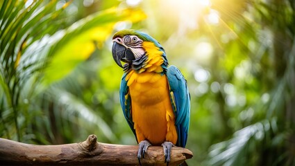 Obraz premium A blue and gold macaw perched on a branch in a lush tropical environment with sunlight