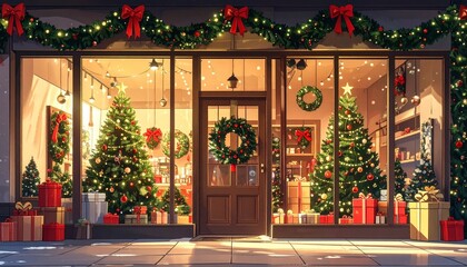 Festive Christmas storefront with decorated trees, wreath, garlands, wrapped gifts, and warm holiday lighting.