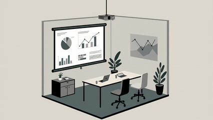 Vector illustration of a small meeting room with a projector screen and charts - AI