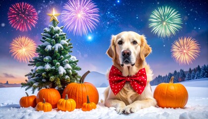 Dog in snow with red bow and scarf, surrounded by jack-o'-lanterns, Christmas tree, and fireworks in festive winter mashup.