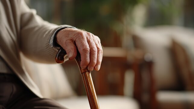 Elderly person's hand resting on  polished wooden walking cane showing wrinkles and weathered skin