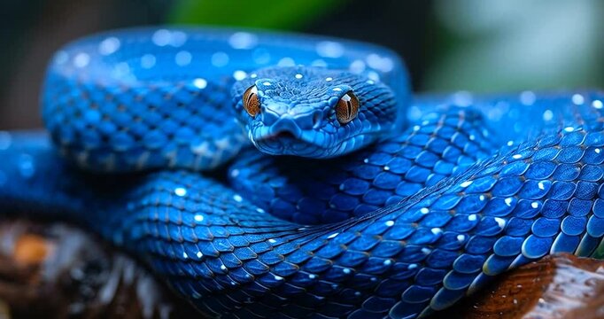 Closeup of a mesmerizing blue viper with white spots, its tongue flickering, perched on a branch in a lush, verdant forest, creating a captivating scene
