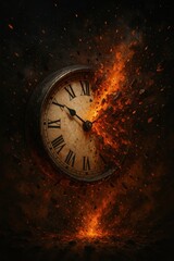 Time's Fiery Embrace: A vintage clock, seemingly consumed by flames and disintegrating into sparks, dramatically represents the passage of time and its relentless, consuming nature.