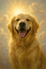 Golden Retriever Smiling: A close-up shot of a radiant golden retriever, exuding warmth and happiness, against a soft, dreamy backdrop of sunlight and clouds.