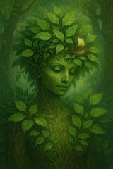 Green Goddess: A serene green figure embodies the essence of nature, adorned with vibrant foliage and a touch of golden symbolism, representing growth, harmony, and the Earth's embrace.