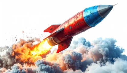 Red and blue rocket launches with fiery exhaust