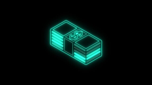 Neon Blue Glowing Stack of Cash with Currency Symbol on Black Background - Finance and Wealth Concept