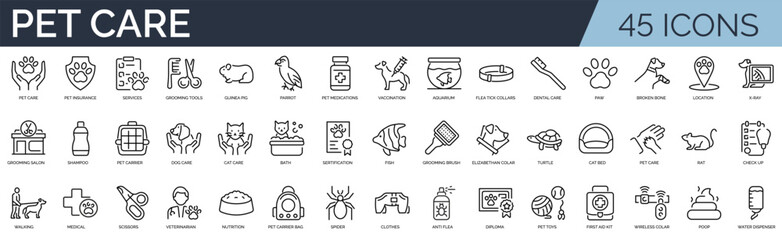 Set of 45 outline icons related to pet care. Linear icon collection. Editable stroke. Vector illustration