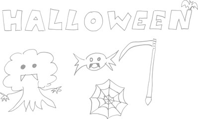 hand drawn Halloween cartoon, set of Halloween doodle icon from hand drawing style of black line on white background knife, fence, bat, ghost, tree, spider net