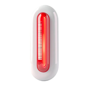 3D plastic cartoon style thermometer icon, white body with shiny red temperature on transparent background and white background 