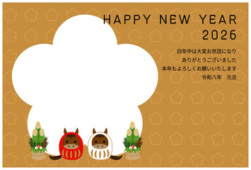 馬だるまと門松のフォトフレーム年賀状（2026年,挨拶文あり）