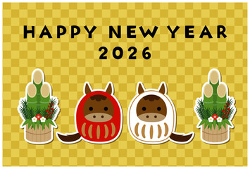 馬だるまと門松の年賀状,背景は金色の市松模様（2026年）