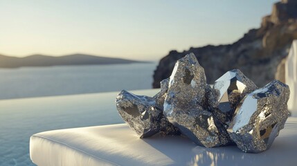 Extreme Close up Unrreal engine greek mythology mermaid pyrite cluster loveseat shaped a perfect symbiosis, a beautiful blending on one pyrite cluster loveseat and a greek mythology mermaid shape fusi