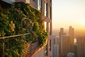 Obraz premium Vertical garden on a highrise building in the city at sunrise, creating a green oasis and promoting sustainable urban living with nature