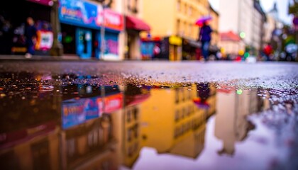 Wet city street with reflections in puddles on asphalt blurred background bokeh lights