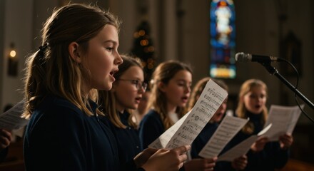 Group of kids singing in Christmas choir. Children perform holiday hymns during concert. Adorable girls in church worship.