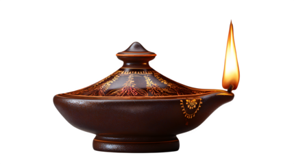 Antique Oil Lamp with Flame, isolated on transparent background