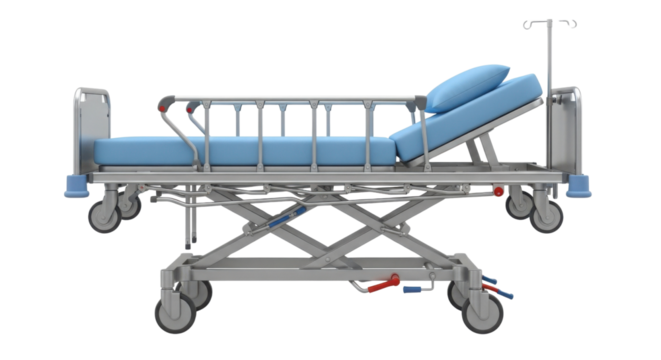 Hospital bed with blue mattress for patient care isolated PNG with Transparent Background