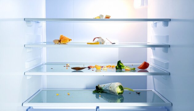 Empty Fridge Interior: An empty refrigerator, its shelves bearing remnants of food, speaks volumes about a state of absence. A cold, minimal scene hinting at a story of emptiness and want. 