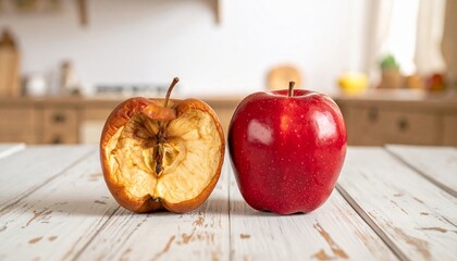 Contrast in the Kitchen: A compelling still life showcases the dichotomy between freshness and decay, featuring a vibrant, perfect red apple next to its aged, withered counterpart.