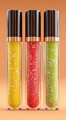 Vibrant lip gloss collection for sparkling summer looks, featuring a modern color palette in yellow, red, and green for beauty product campaigns