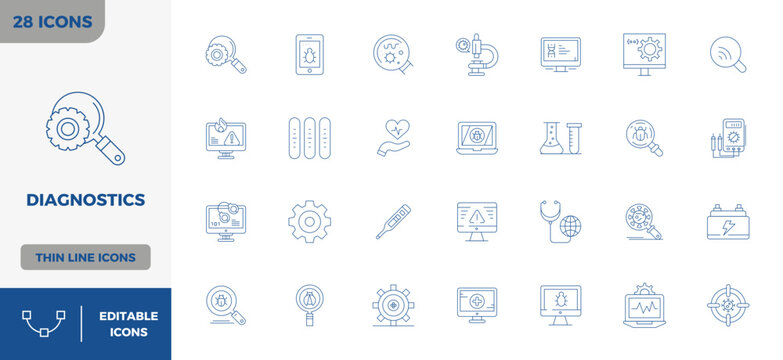 Intelligently designed 28 PIXEL perfect vector icons inspired by Diagnostics, created in Minimal Line format at 128x128 for smart and efficient design workflows.
