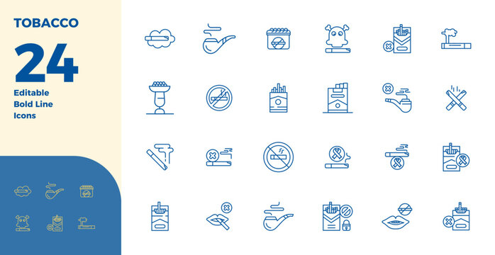 Strategic bundle featuring 24 vector icons representing Tobacco in Bold Line format, optimized with 128x128 PIXEL perfect quality for professional workflows.