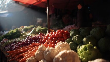 A street market stall with fresh vegetables: carrots, tomatoes, cauliflower and broccoli. - Powered by Adobe