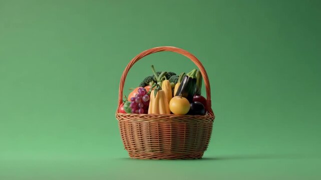 Wicker basket of assorted fruits and vegetables on a green background.
