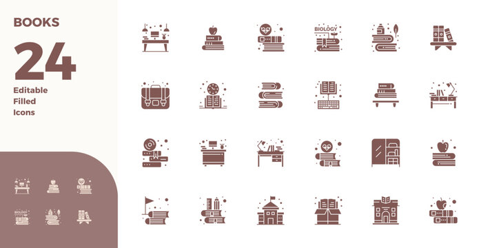 Thoughtfully designed 24 vector icons themed around Books, crafted in Glyph Filled with 128x128 PIXEL perfect precision for contemporary design needs.