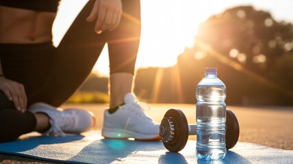 Golden hour workout motivation featuring a fit woman, dumbbell and water bottle on a blue mat, perfect for fitness blogs or health campaigns