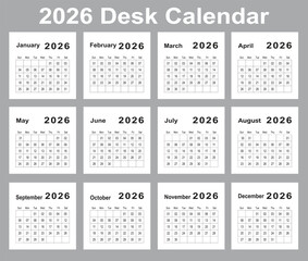 2026 Desk Calendar Design Template, Black and White 
