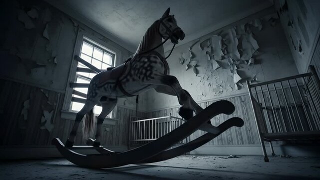 Haunted rocking horse in derelict room with peeling wallpaper. Creepy, scary theme for horror film, Halloween scenes, mysterious past, abandoned orphanage, asylum, childhood fear, dark fantasy.