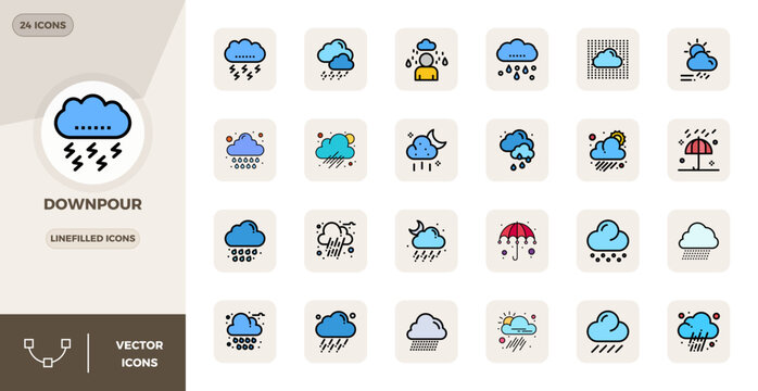 Essential pack of 24 PIXEL perfect vector icons for Downpour in LineFilled format, sized at 128x128 for optimal performance and scalability.