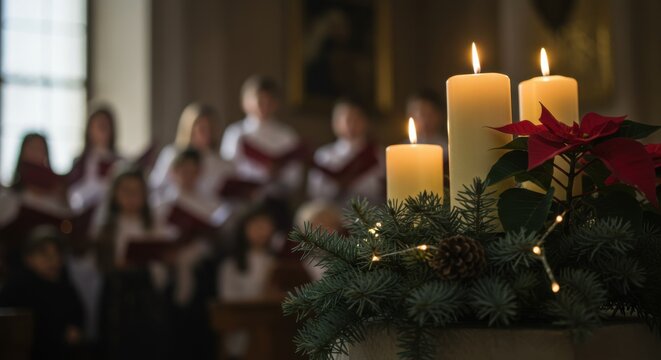 Christmas candles and poinsettia plant in church. Children's choir singing in background. Celebration of Christmas.