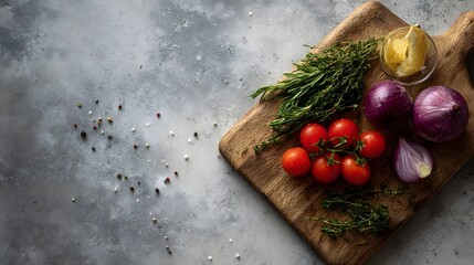 Fresh ingredients like cherry tomatoes red onions herbs and lemon are arranged on a rustic wooden cutting board ready for cooking