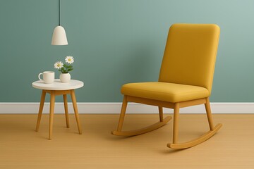 Fototapeta premium Modern Minimalist Living Room with Yellow Rocking Chair and White Side Table with Flowers under Pendant Light – Scandinavian Cozy Interior Design