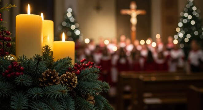 Three candles on an advent wreath with a blurred children's choir singing in a church at Christmas. Christian celebration.